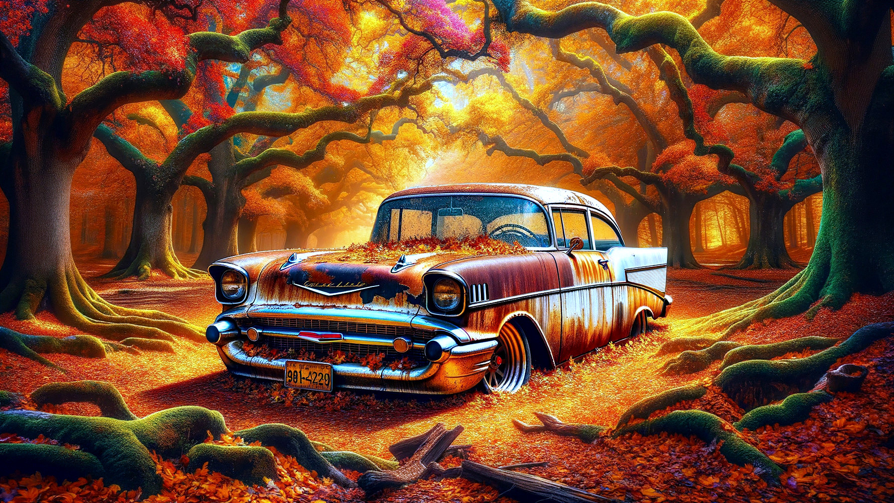 1950s Rusty Car Surrounded by Autumn Forest Colors