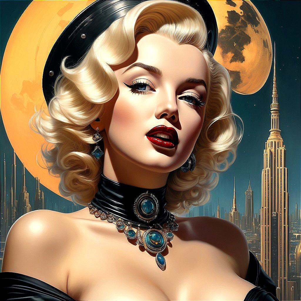 Digital portrait of woman with retro style against cityscape and moon