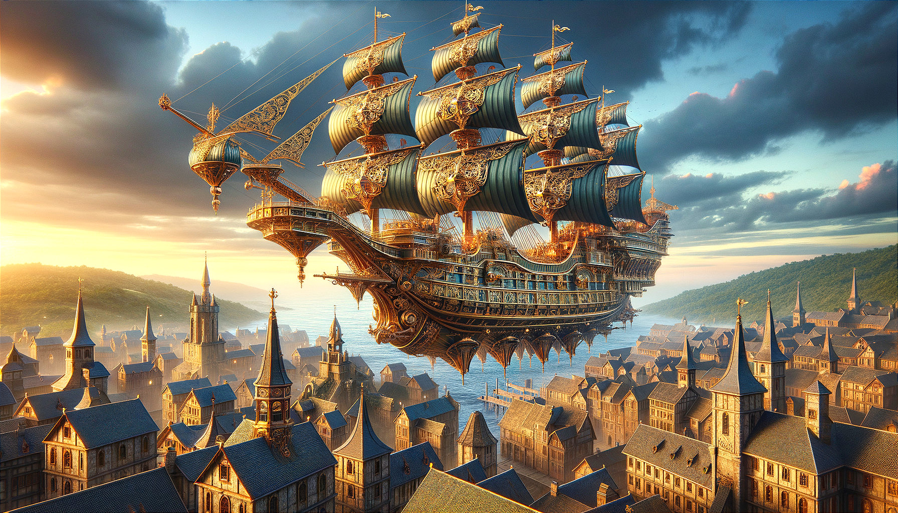 Majestic airship over vintage cityscape at sunset