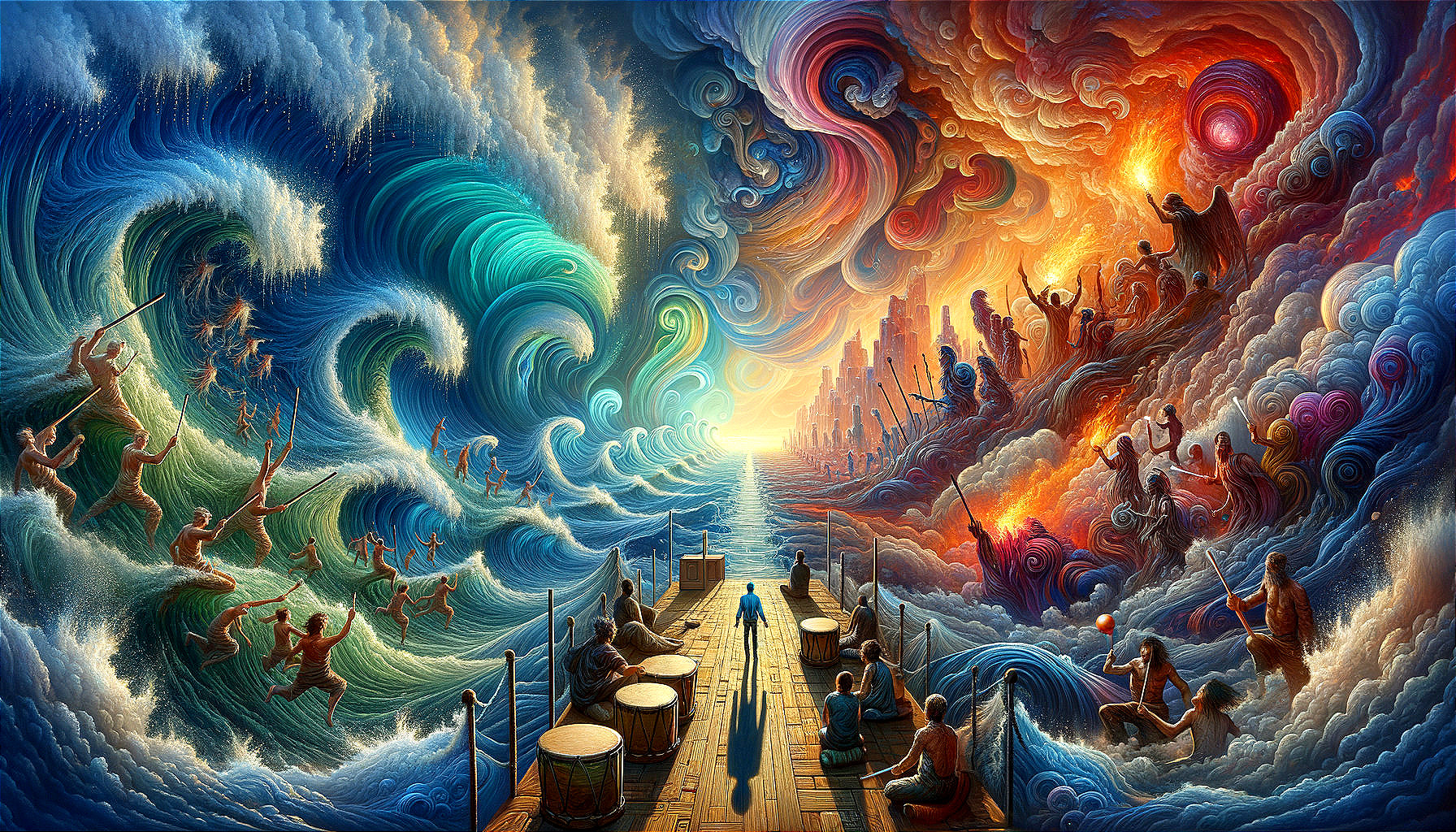 Surreal Landscape of Ocean Waves and Fiery Elements
