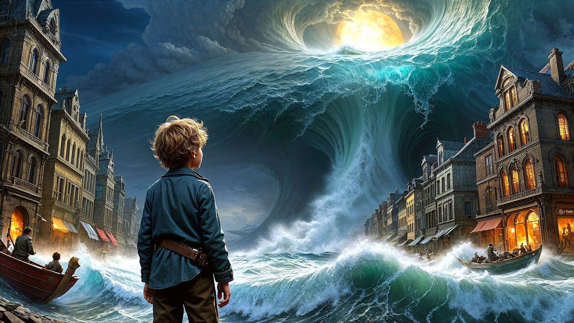 Boy Observing Waves at Seaside Town with Dramatic Sky