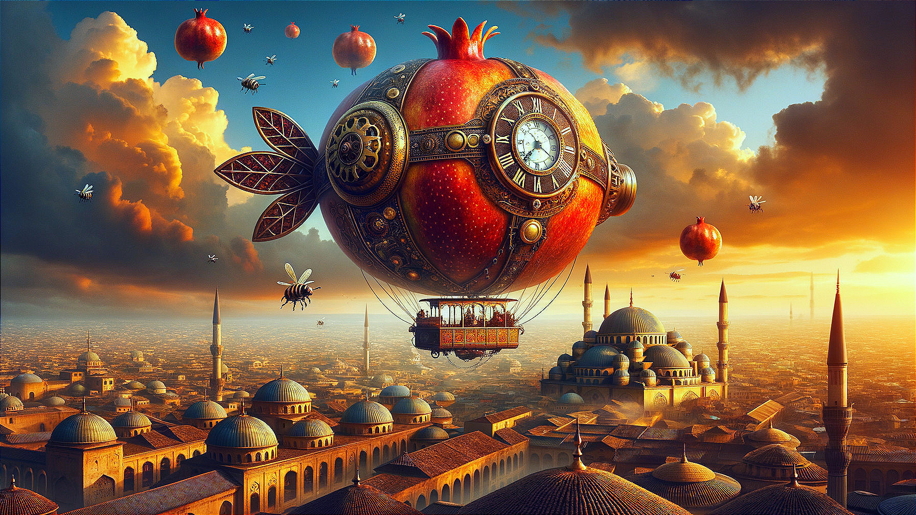 Vibrant Pomegranate Hot Air Balloon Over Cityscape