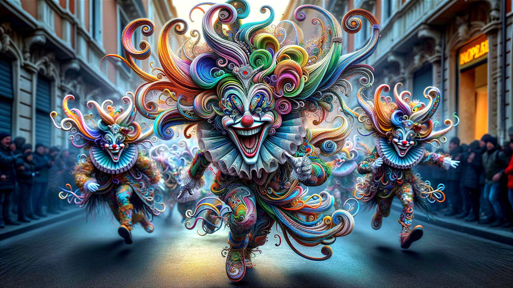 Colorful Clowns in Vibrant Urban Festivity Scene
