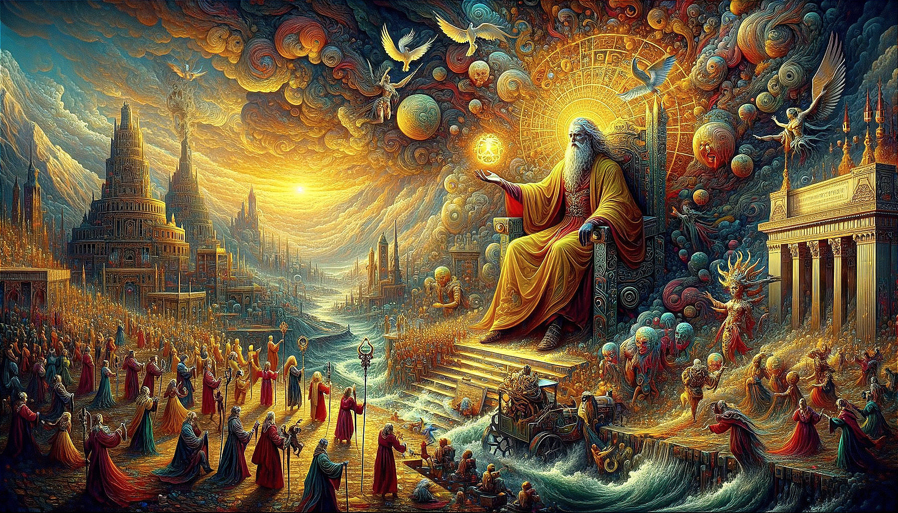 Celestial Scene with Deity on Throne and Worshippers