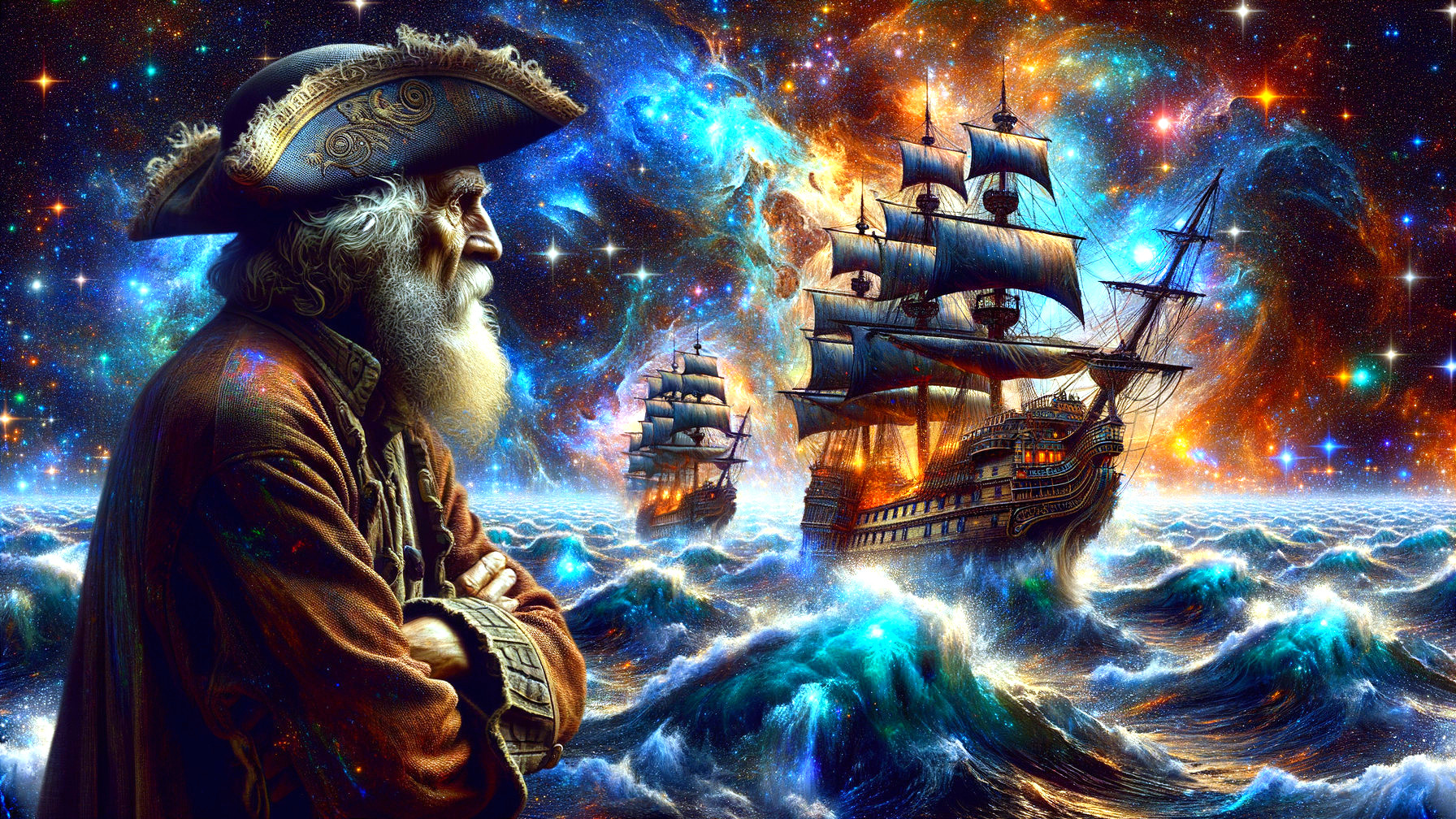 Old pirate overlooking a cosmic sea with ships