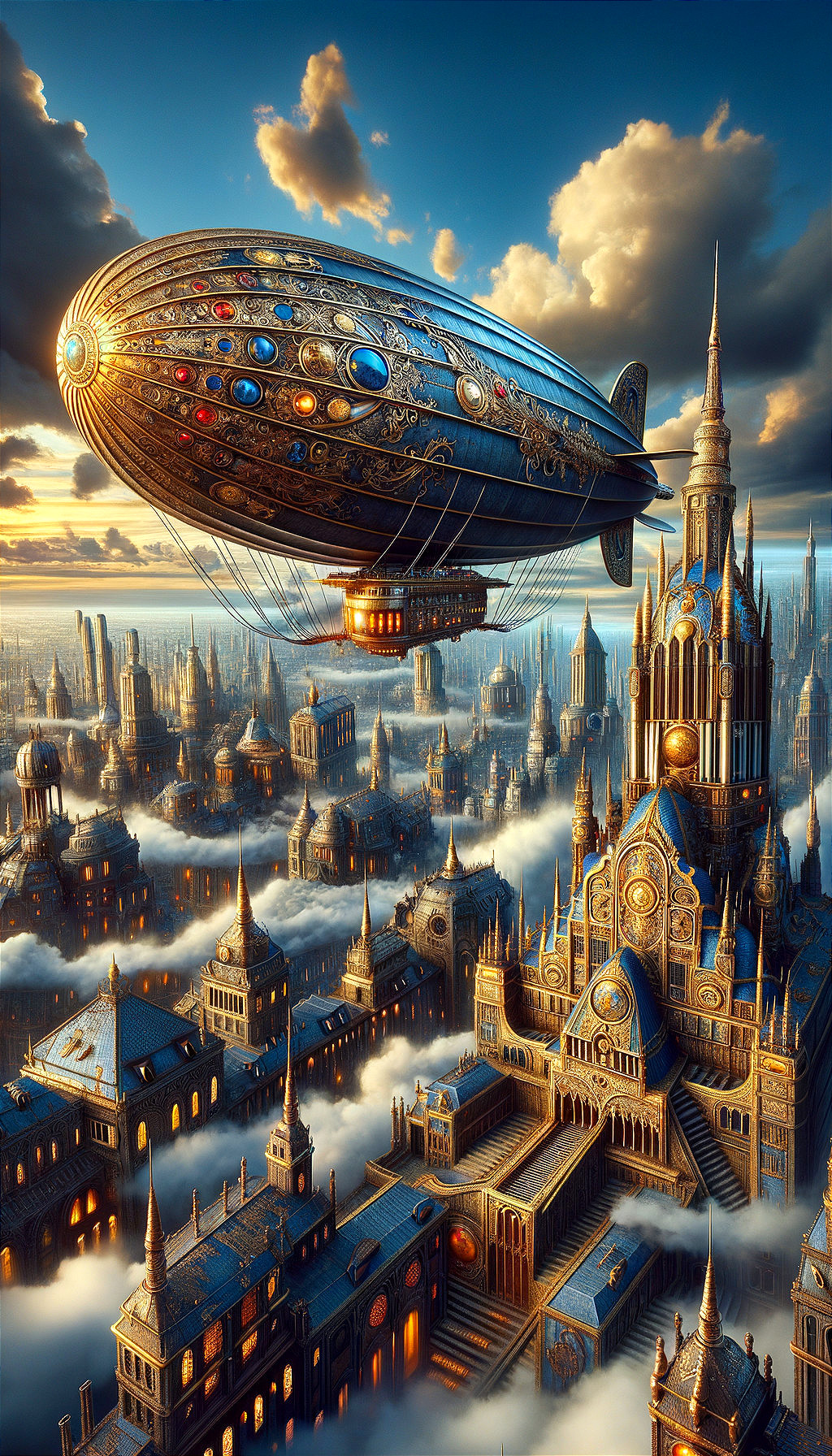 Steampunk Cityscape at Sunset with Airship and Clouds