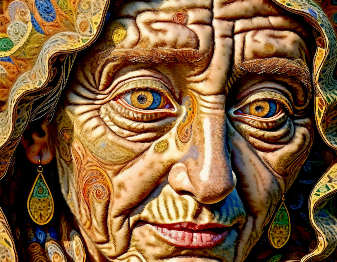 Surreal Colorful Textured Face with Deep Blue Eyes