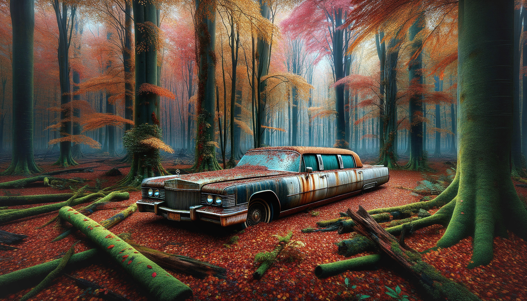 Abandoned Limousine in Autumn Forest Setting
