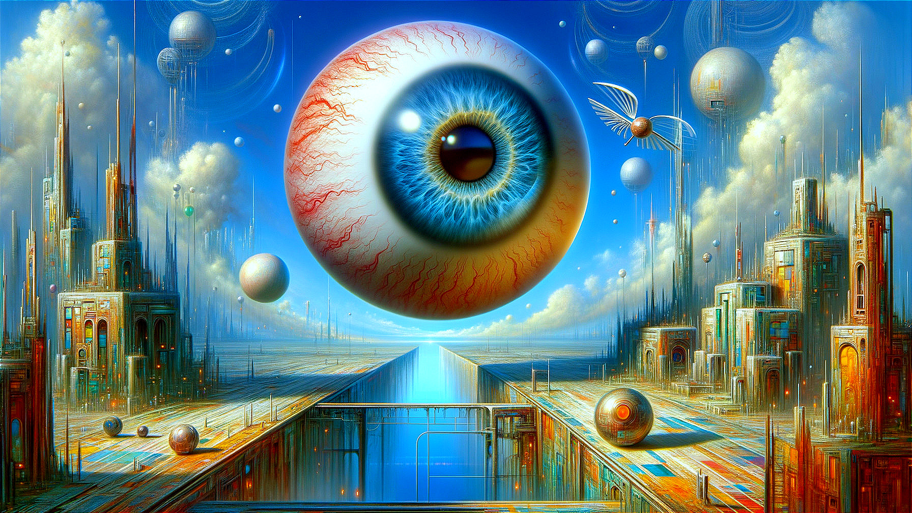 Surreal Landscape with Eyeball Over Futuristic City