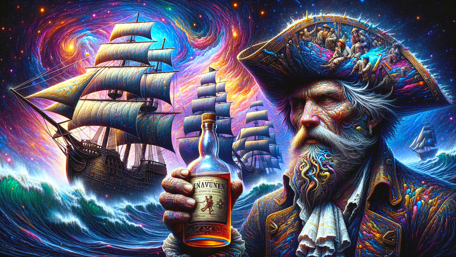 Surreal Pirate Scene with Cosmic Background and Ships