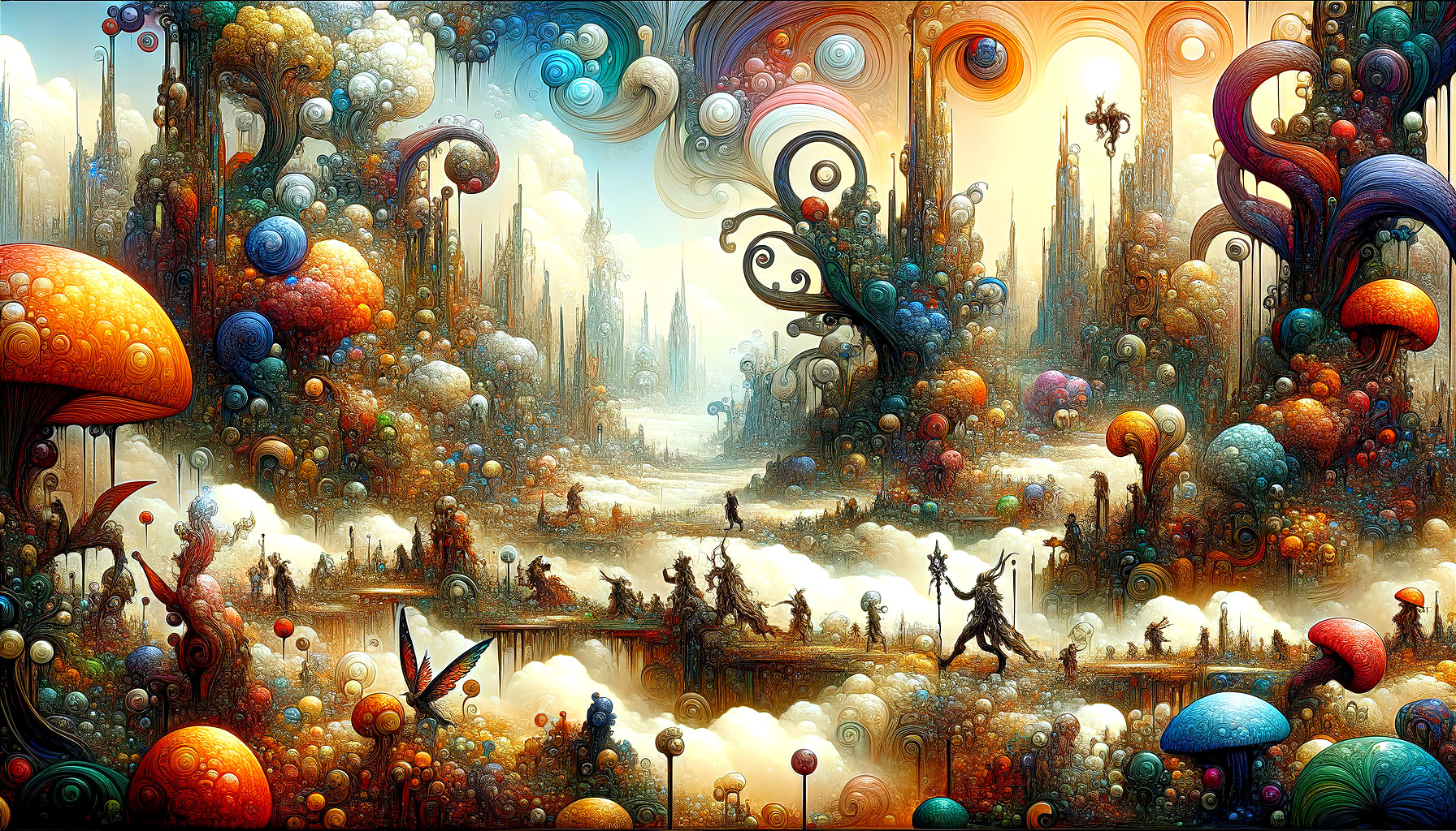 Surreal Landscape with Whimsical Mushroom Structures