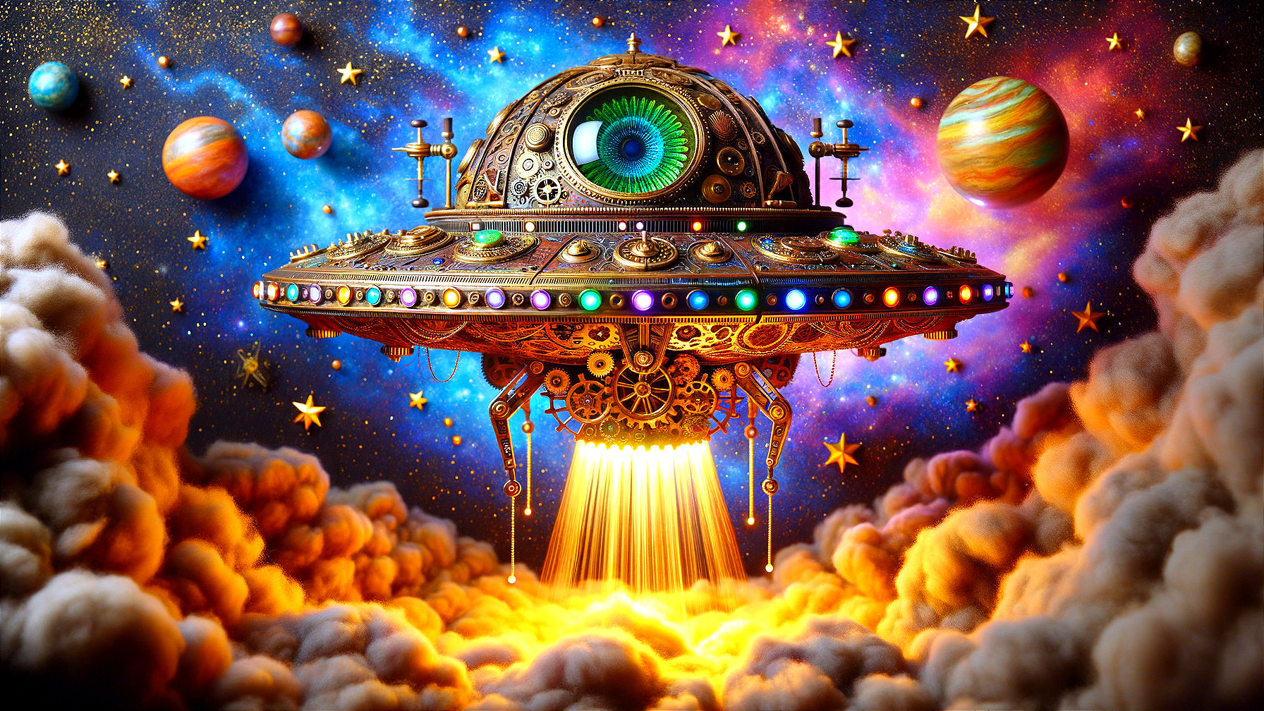 Steampunk Spaceship in a Vibrant Cosmic Scene