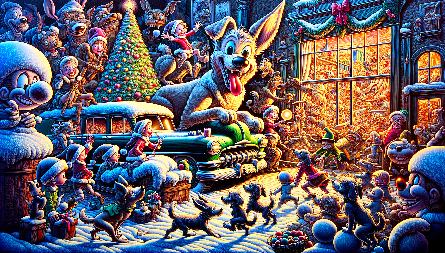 Whimsical Holiday Scene with Giant Dog and Children
