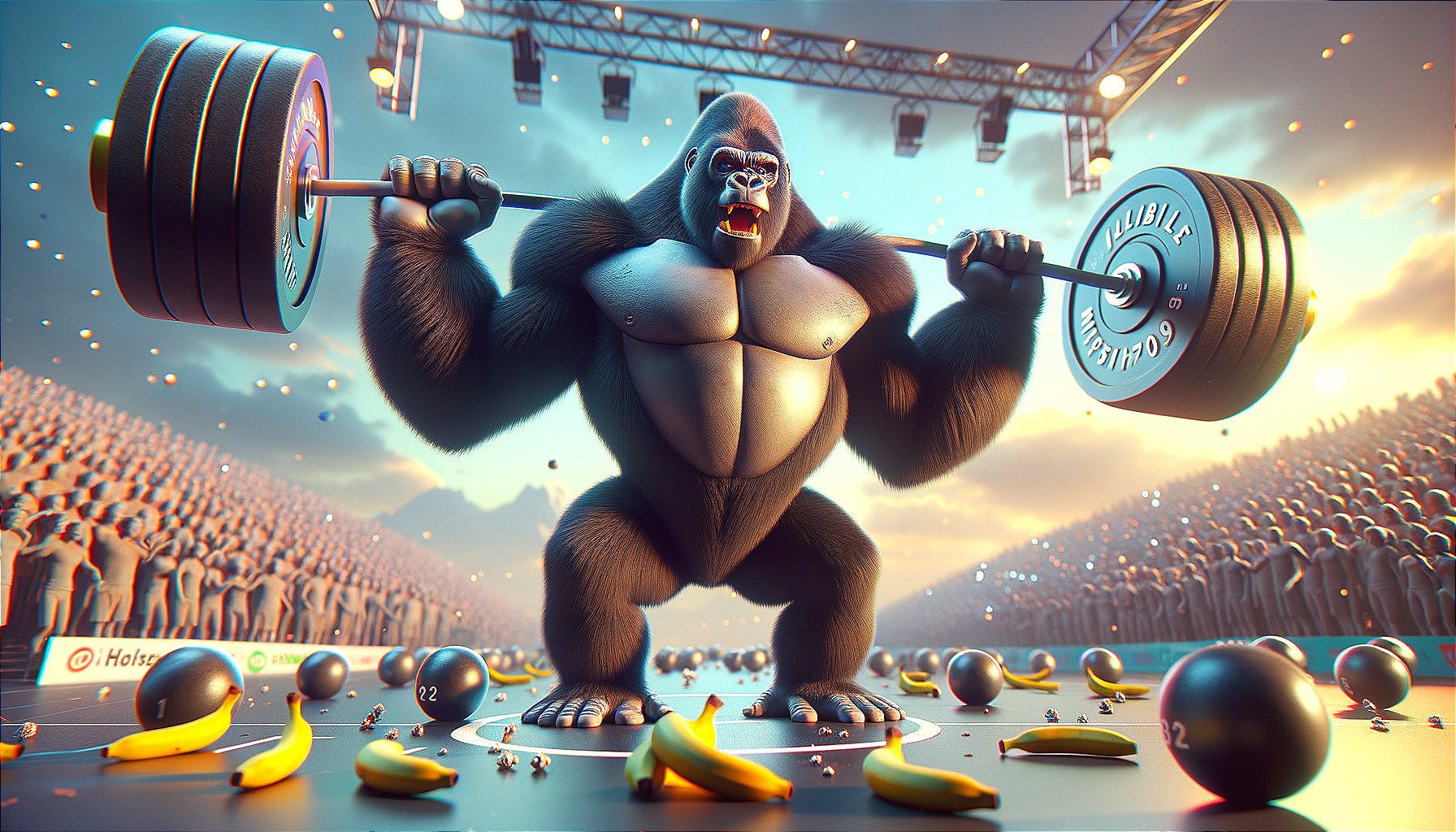 Gorilla Lifts Barbell in Vibrant Arena with Crowds
