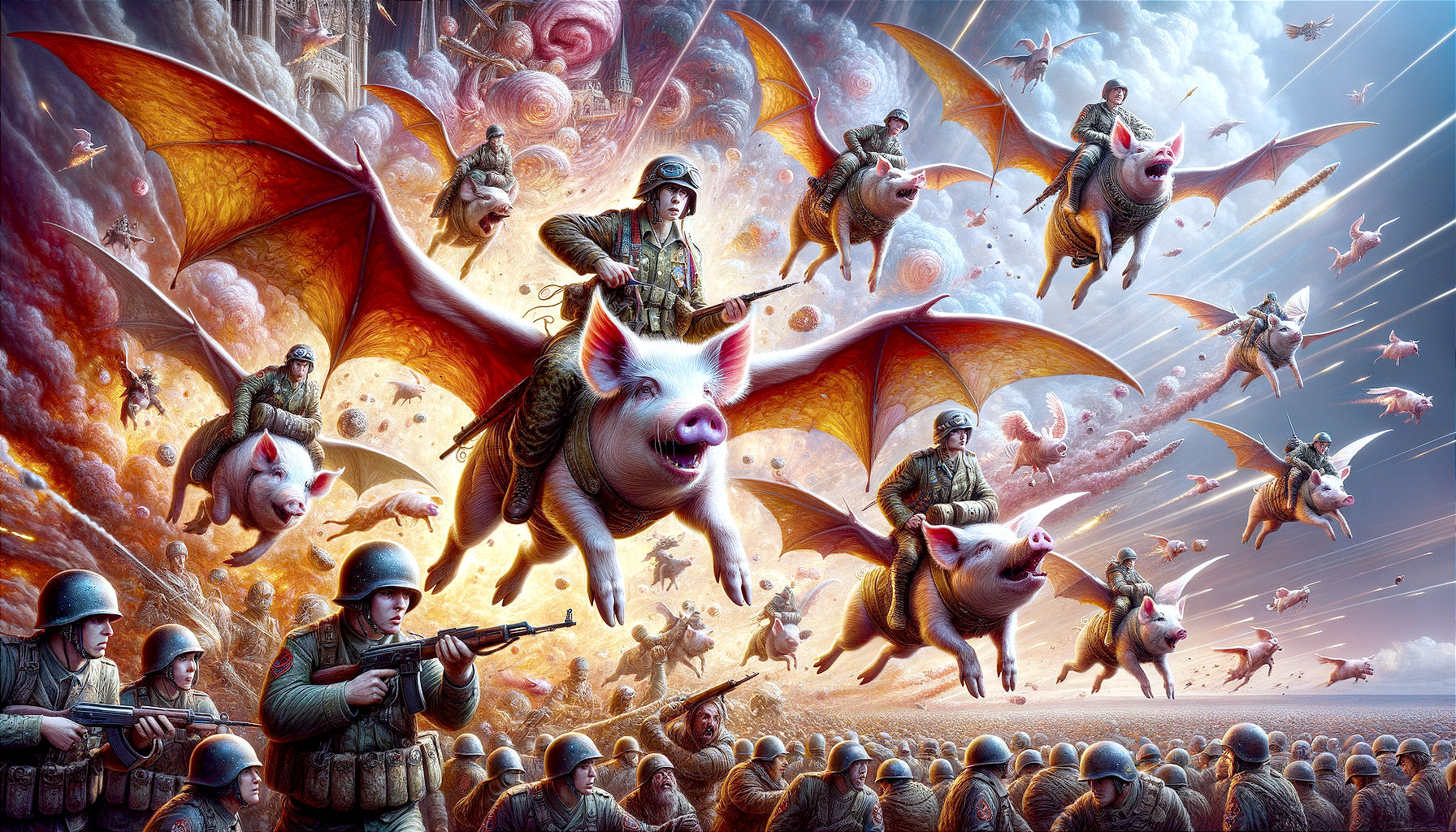 Soldiers on Flying Pigs in a Surreal Battle Scene