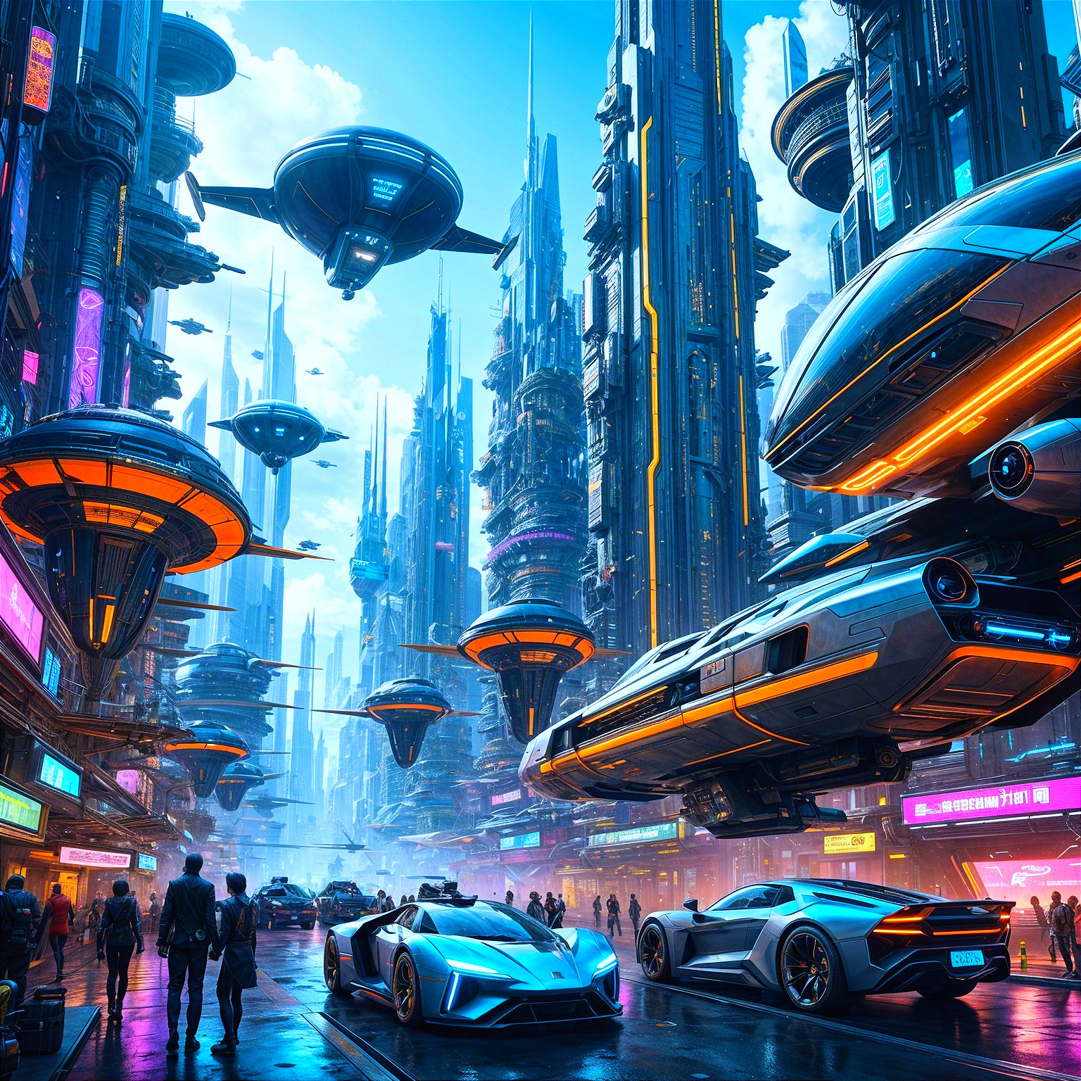 Futuristic Cityscape with Skyscrapers and Neon Lights