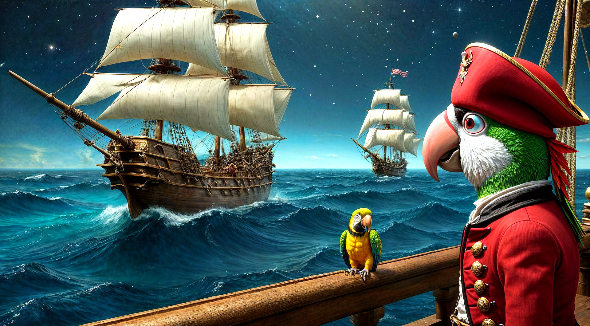 Colorful Parrot Captain on Ship in Vibrant Seascape