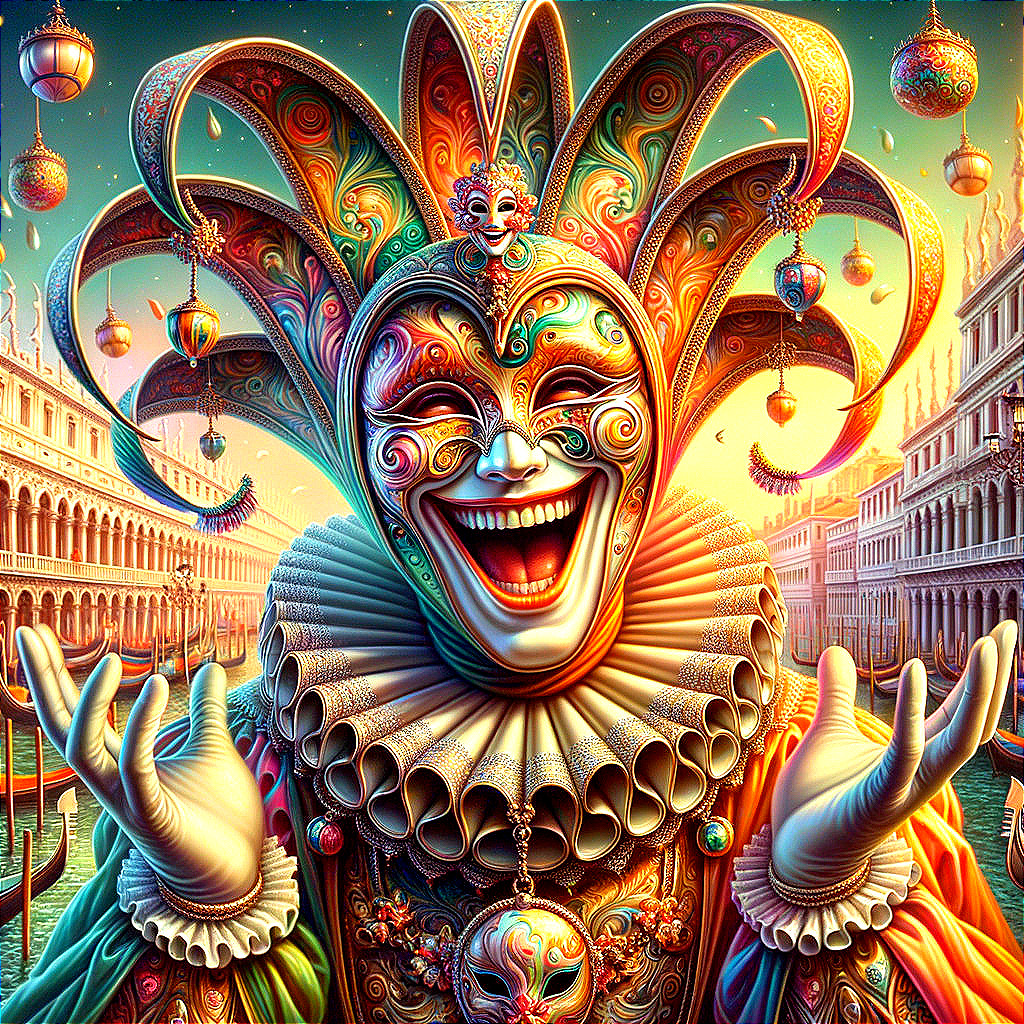 Vibrant Jester in Colorful Costume with Canal City Background