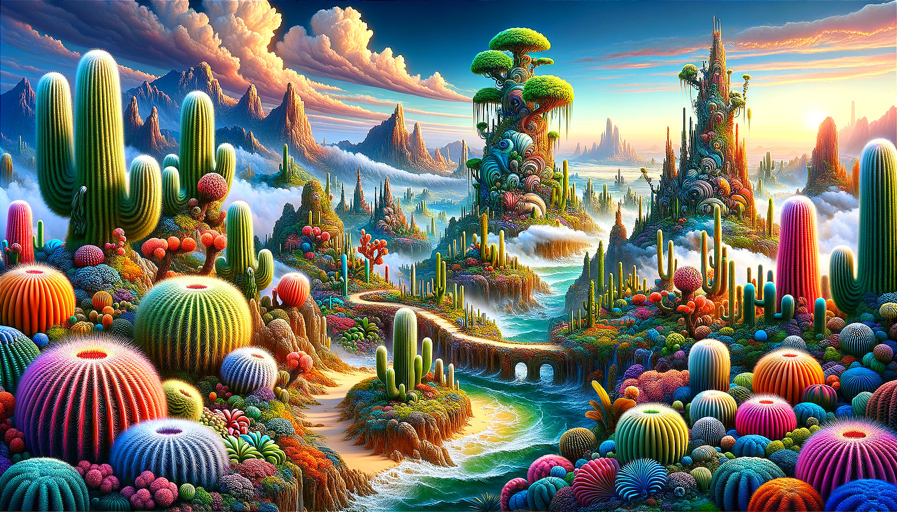 Vibrant Landscape with Oversized Cacti and Flora