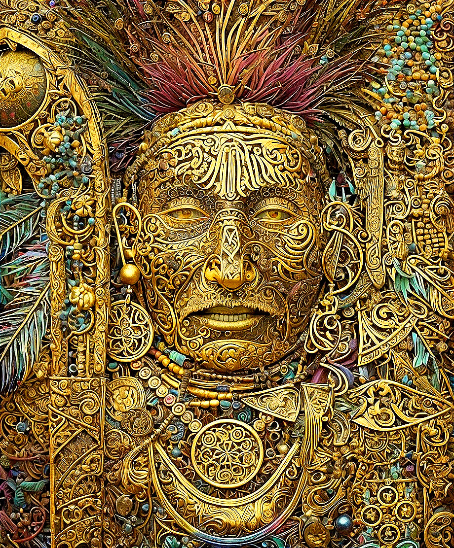 Ornate Golden Aztec-Style Mask with Intricate Details
