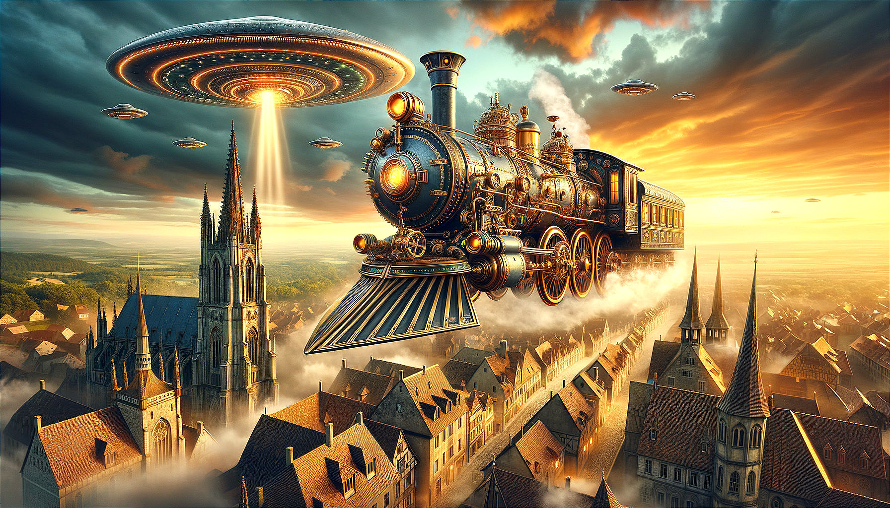 Surreal Vintage Train Above Town with UFOs and Sunset