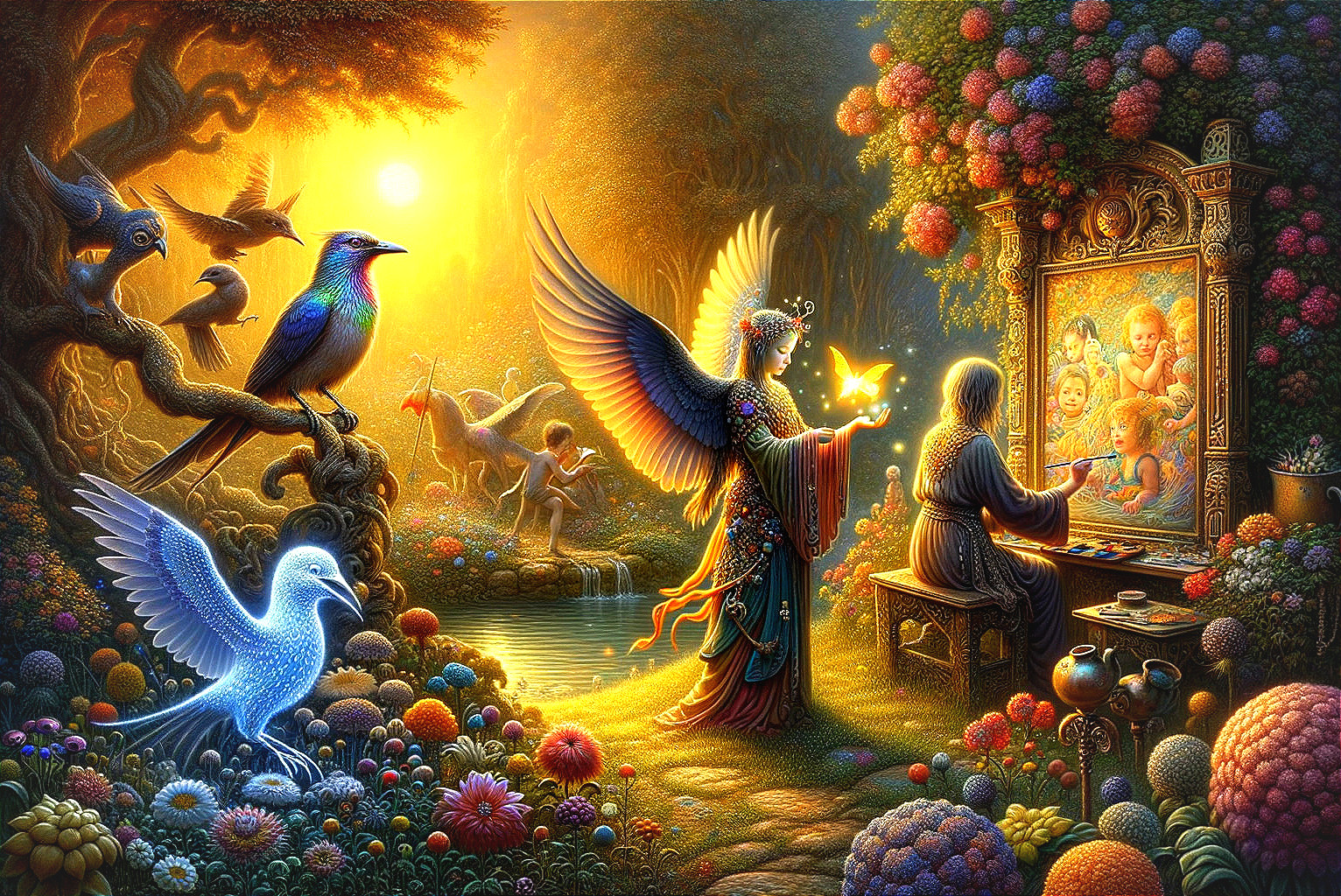 Majestic Figure with Wings in Enchanted Forest Scene
