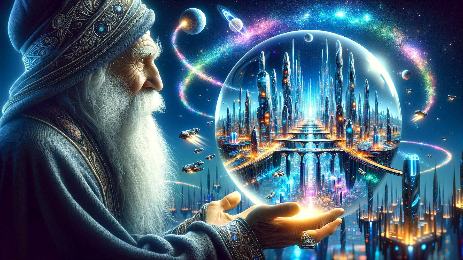 Elderly Figure with Glowing Orb and Futuristic City
