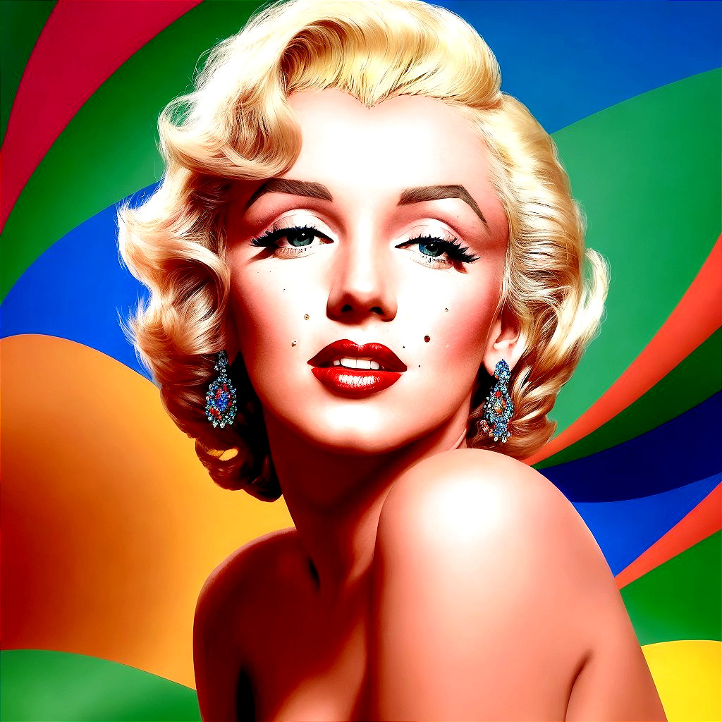 Blonde woman with curly hair, red lipstick, blue earrings, vibrant background