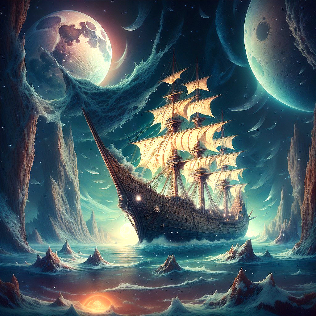 Fantastical Ship Sailing Through Cosmic Waves and Moons