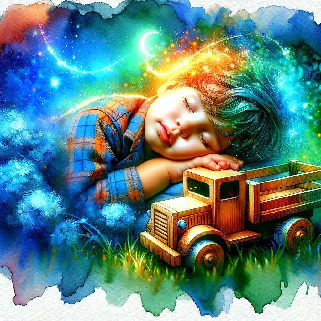 Dreamy Landscape with Child and Wooden Toy Truck