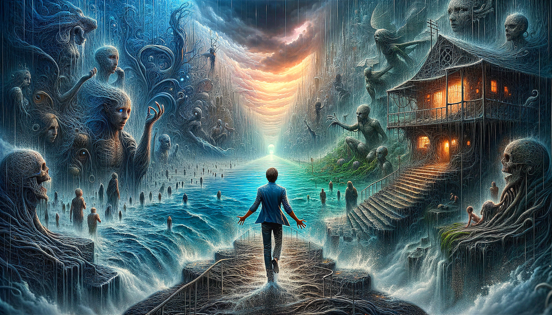 Surreal Landscape with Distorted Forms and Glowing Horizon