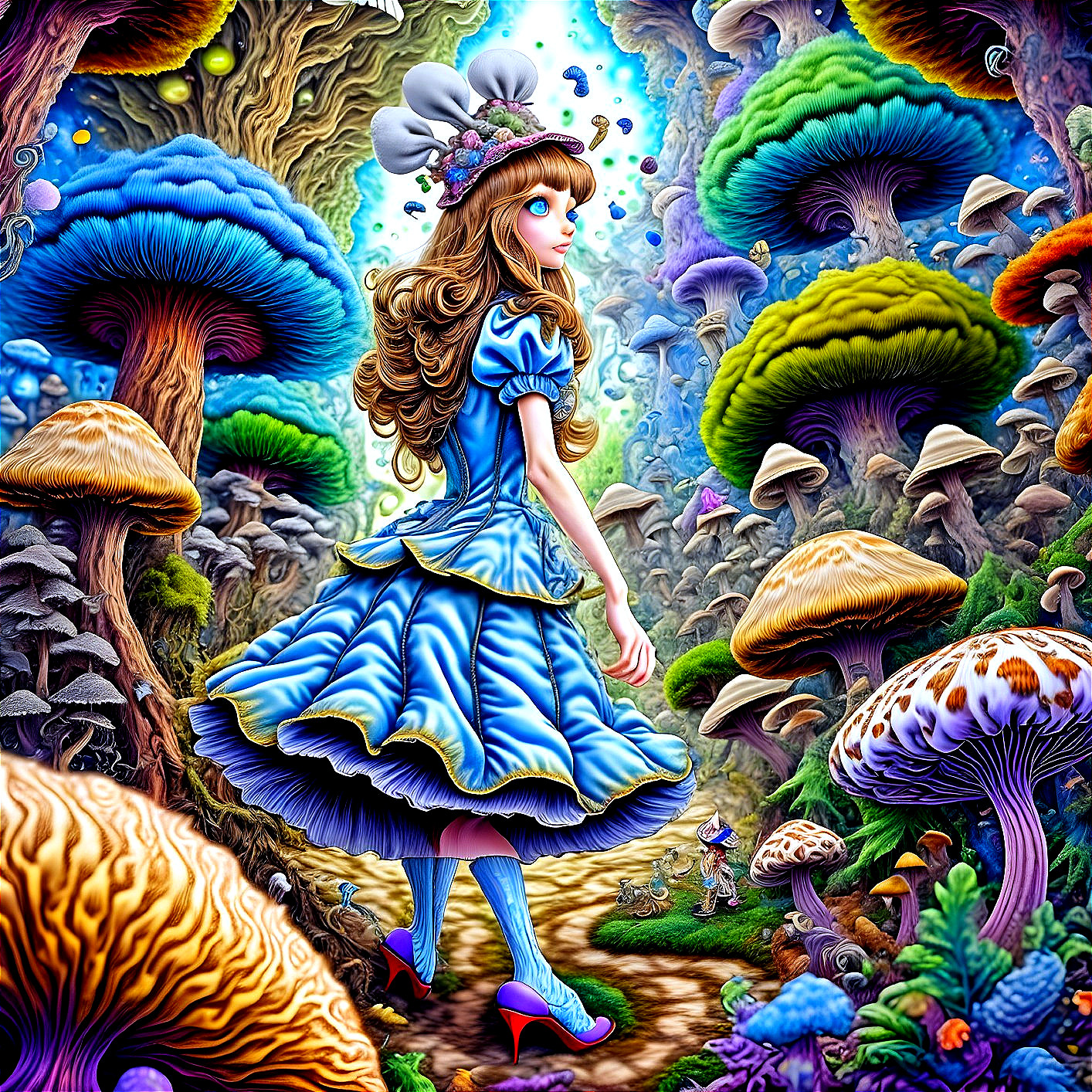 Alice in Wonderland Surrounded by Colorful Mushrooms