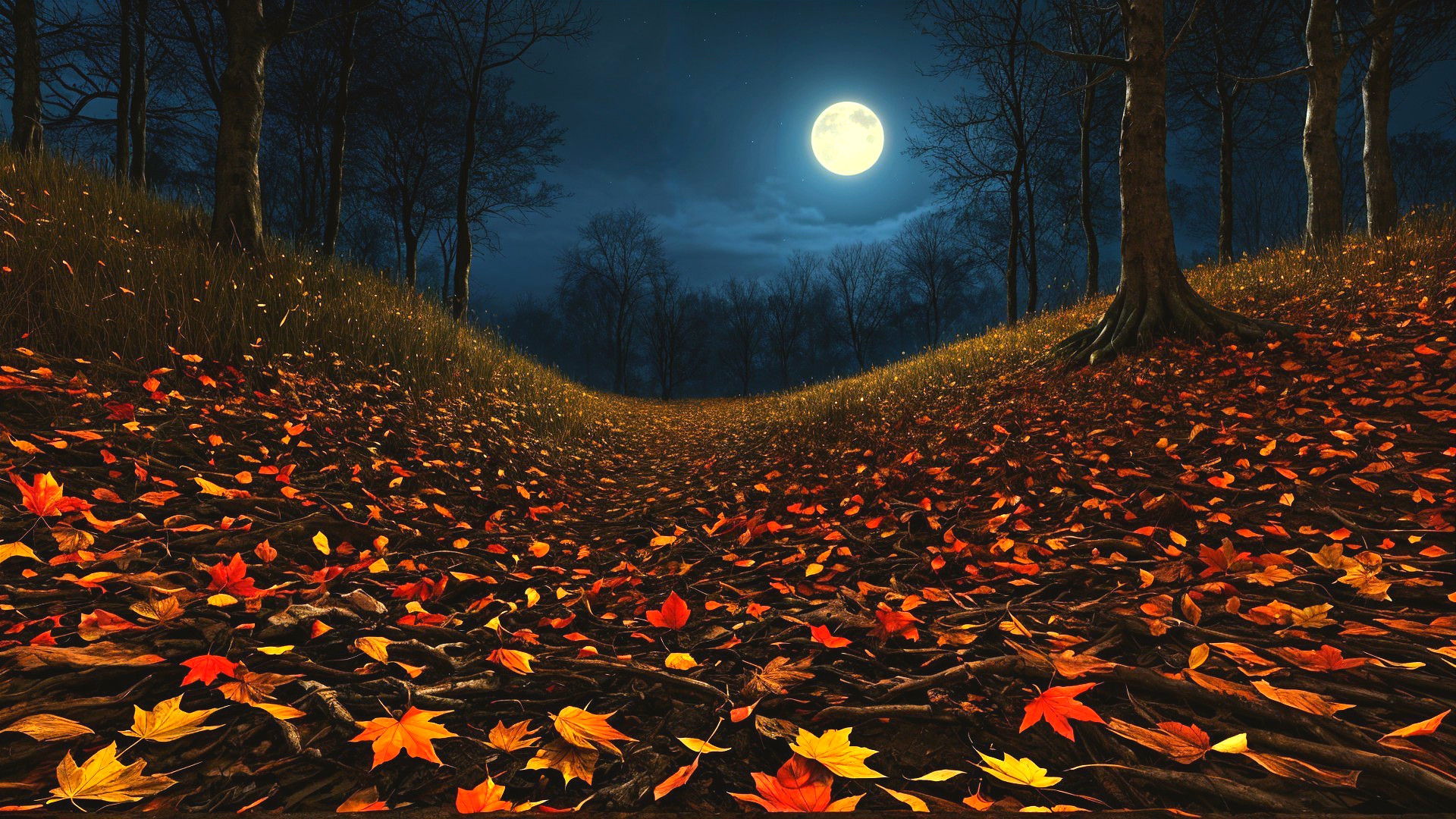 Serene Forest Landscape Under Full Moonlight