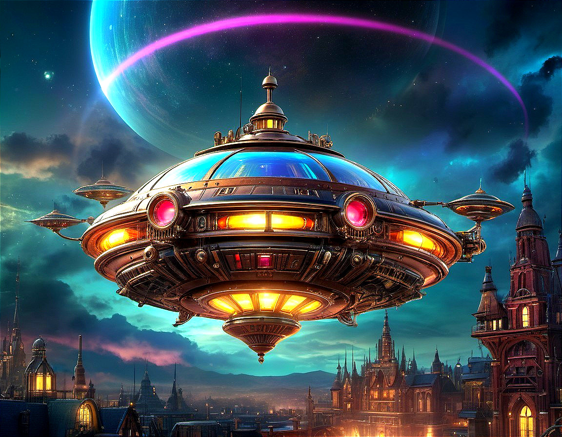 Futuristic Spaceship Over Advanced Cityscape Scene