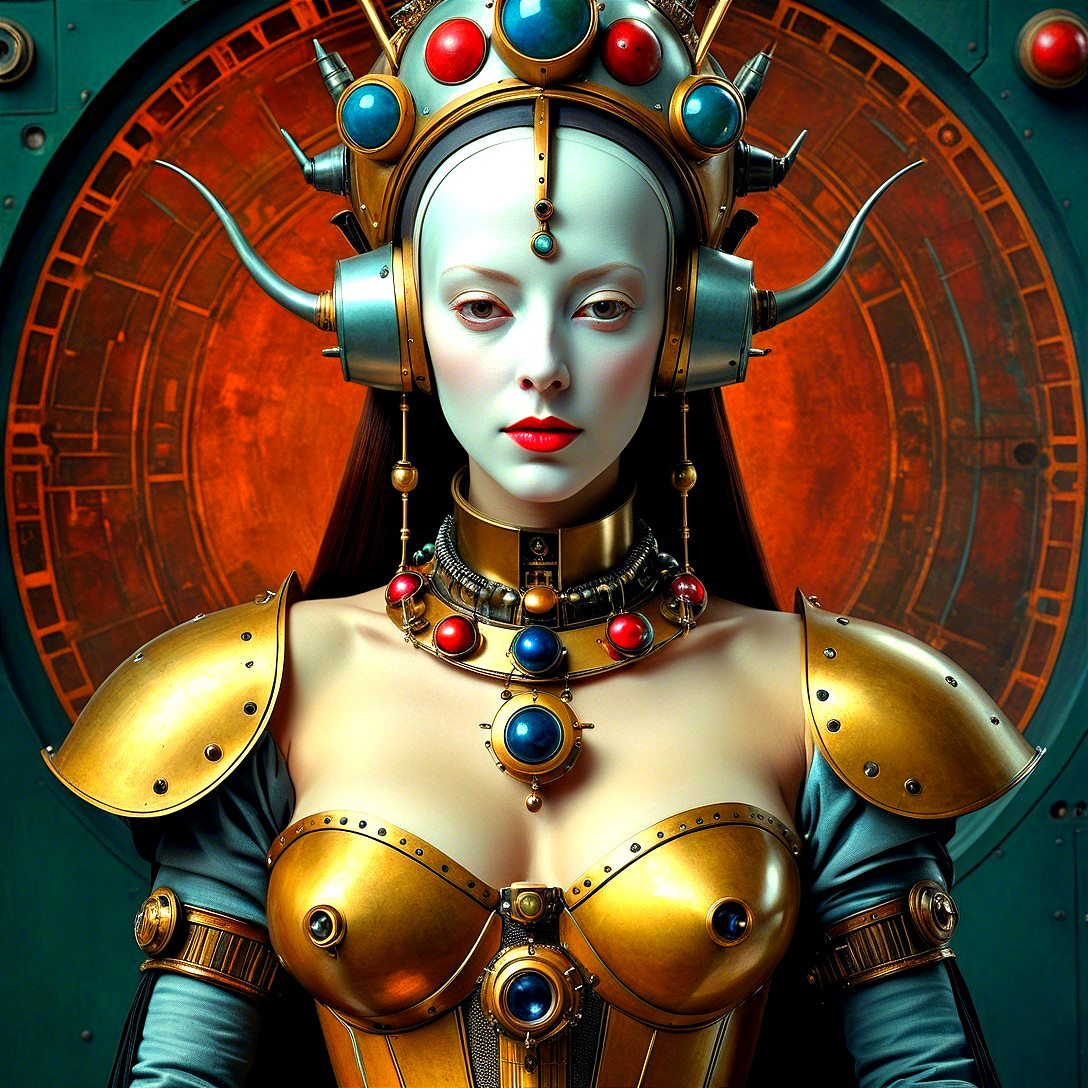 Futuristic Regal Figure in Gold Armor with Gems