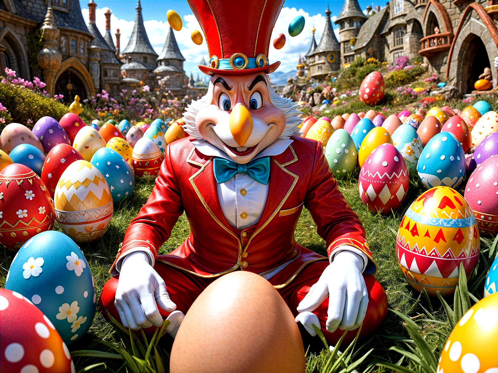 Whimsical Scene with Colorful Easter Eggs and Character