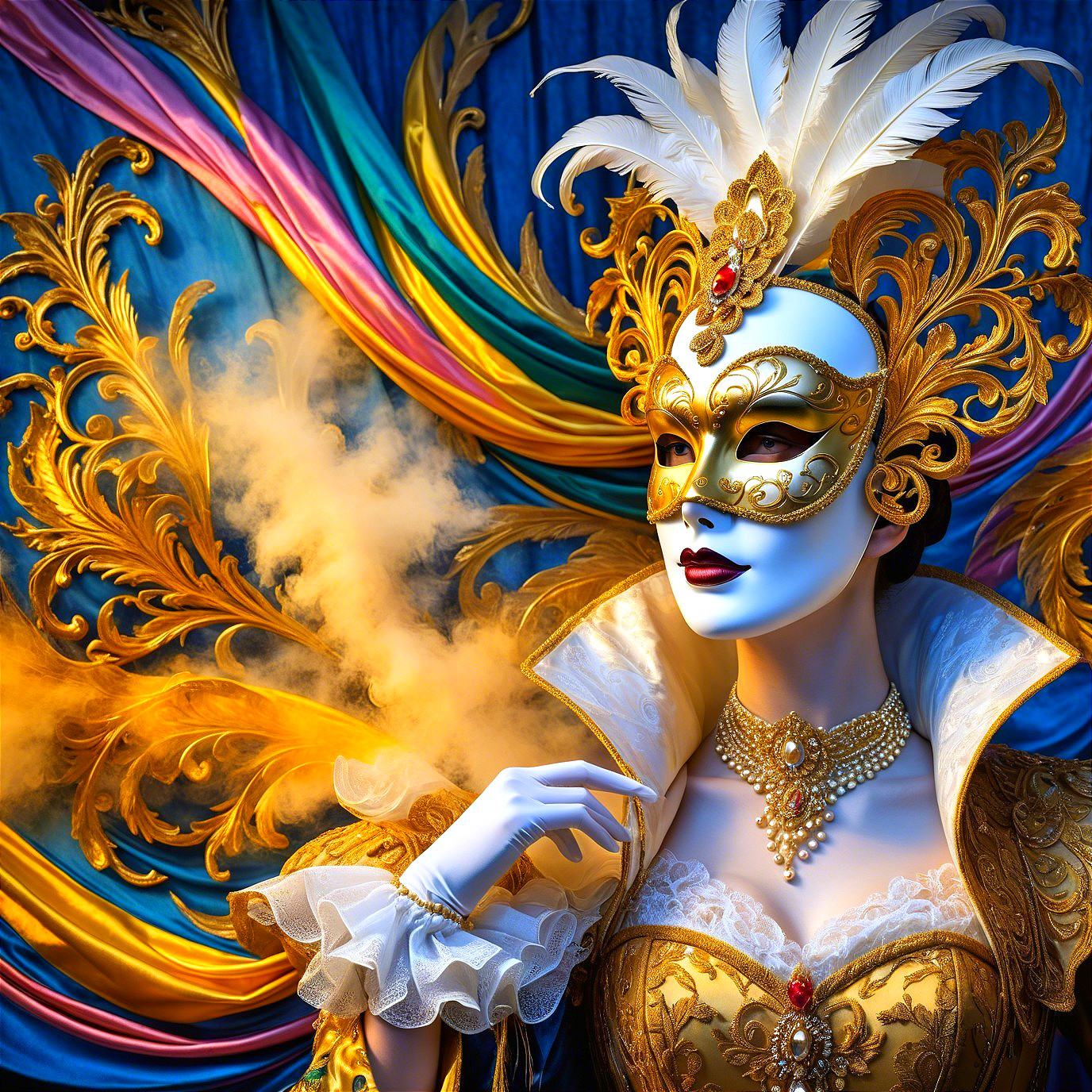 Regal figure in ornate golden mask and costume
