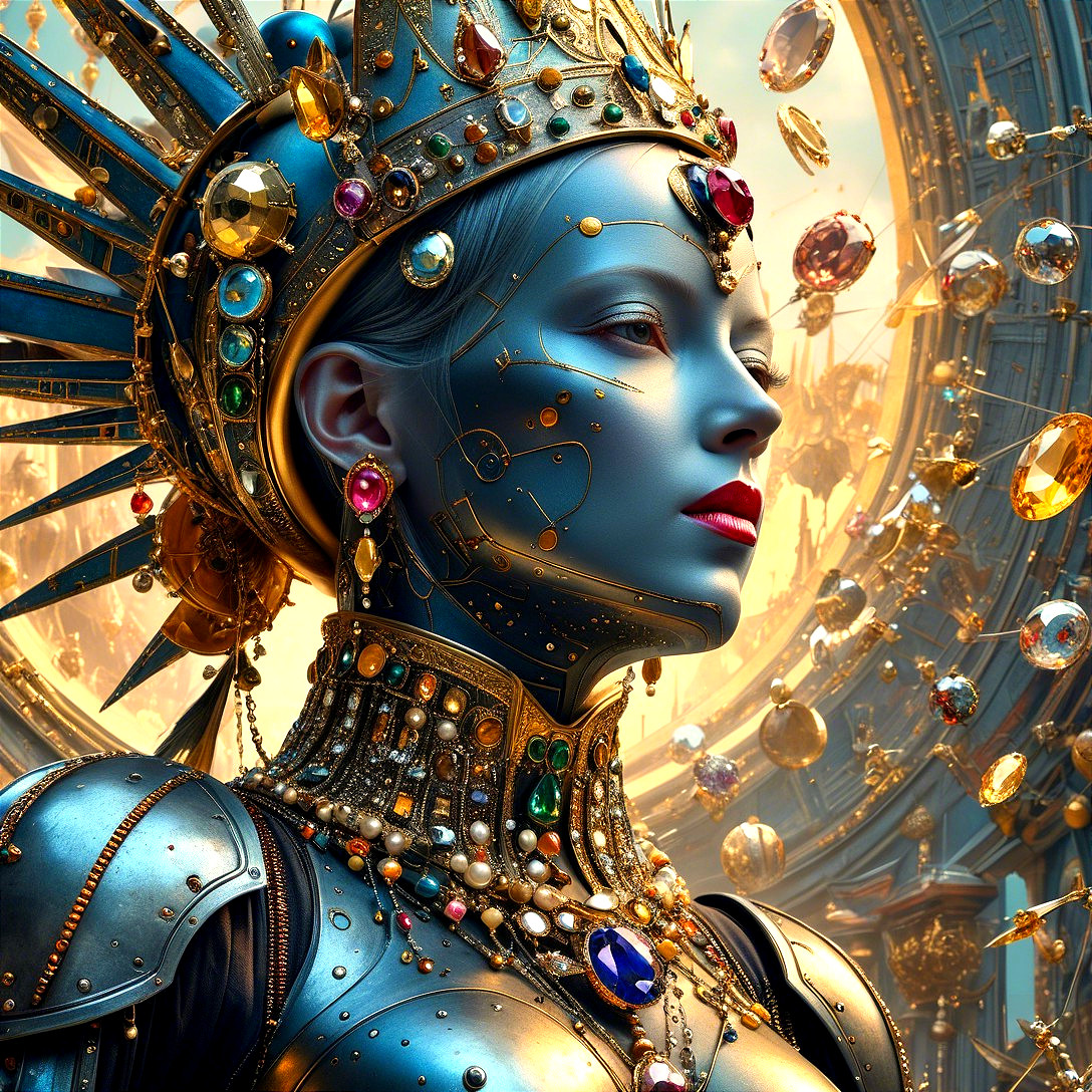 Futuristic figure in ornate armor with jewel accents