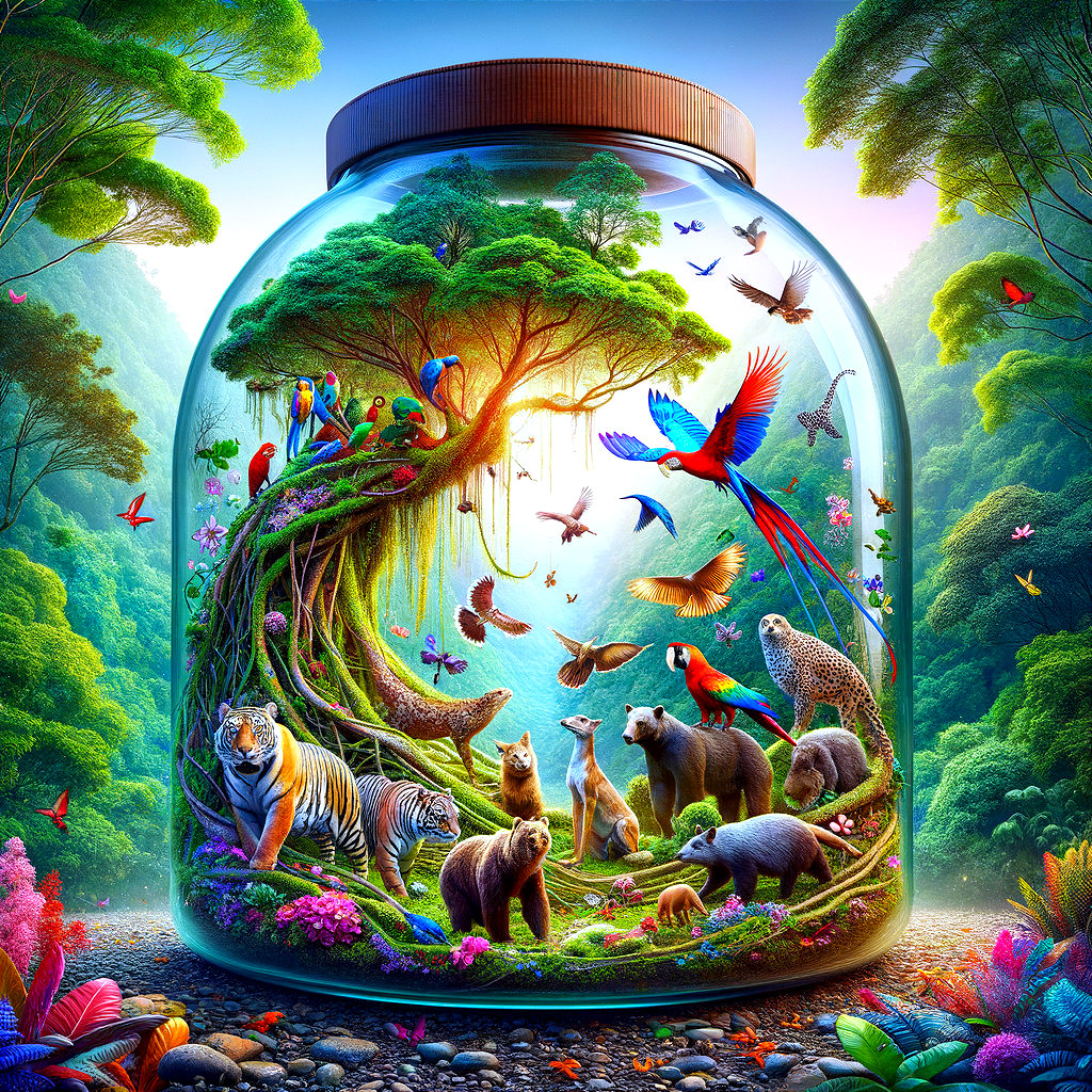 Tropical Ecosystem in a Glass Jar with Diverse Wildlife