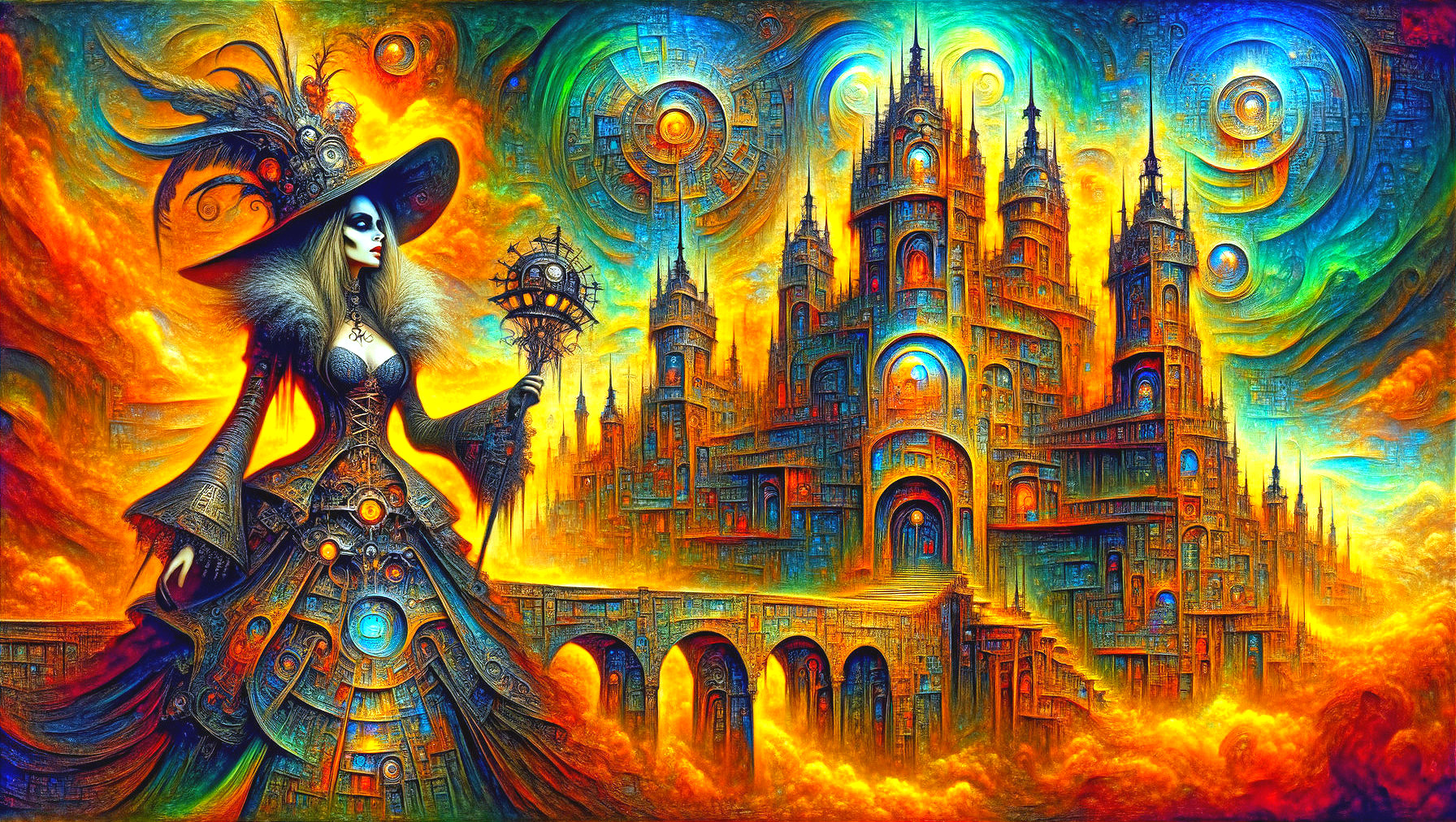Gothic Figure in Ornate Dress Against Surreal Cityscape
