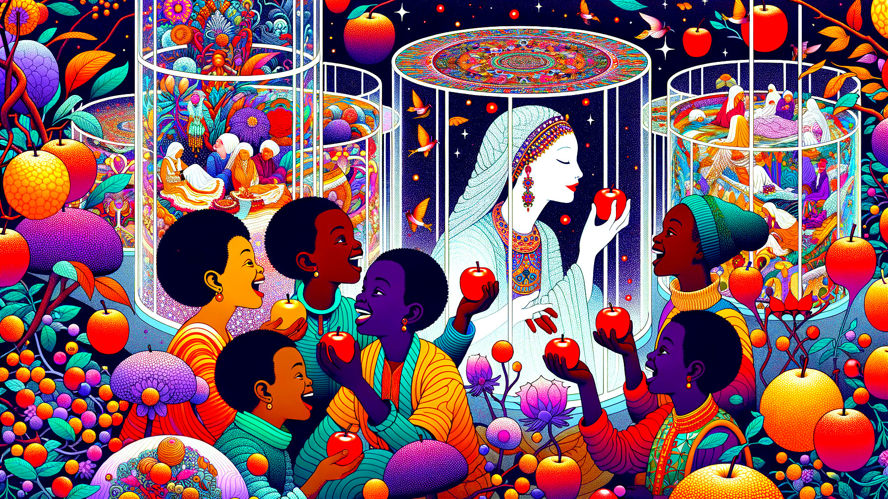 Diverse Children Sharing Apples in a Colorful Scene