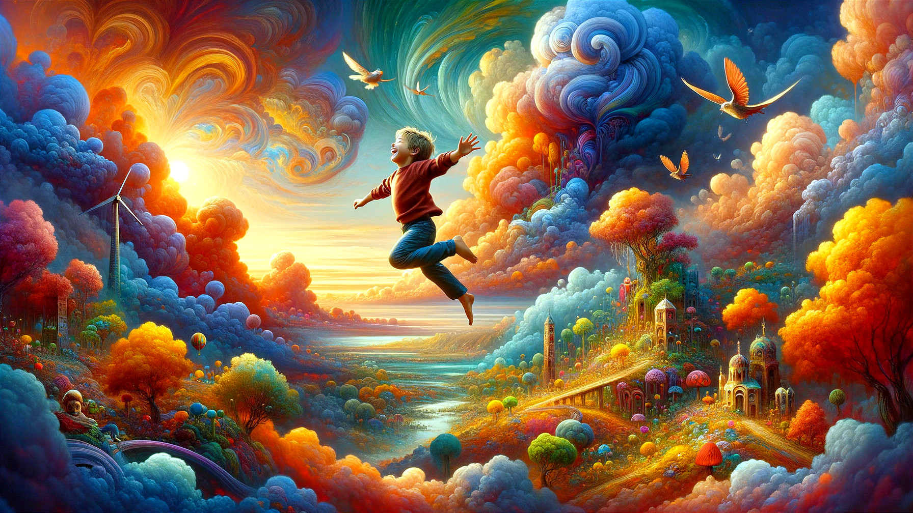 Vibrant Whimsical Landscape with Joyful Child and Nature