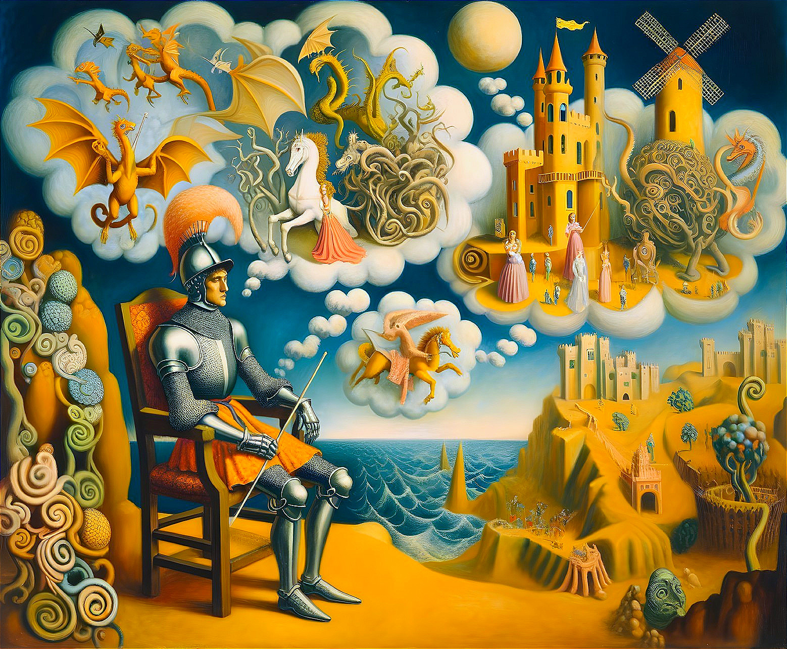 Knight on Cliff Overlooking Surreal Fantasy Landscape