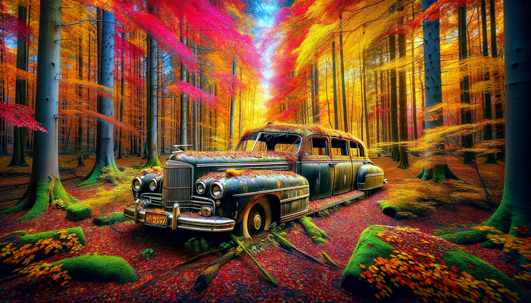 Vintage Car Surrounded by Autumn Foliage in Forest