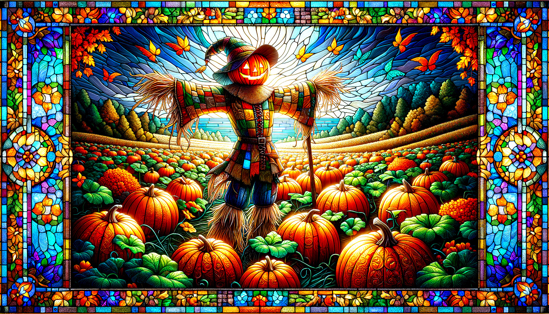 Vibrant Stained-Glass Scarecrow in Pumpkin Patch