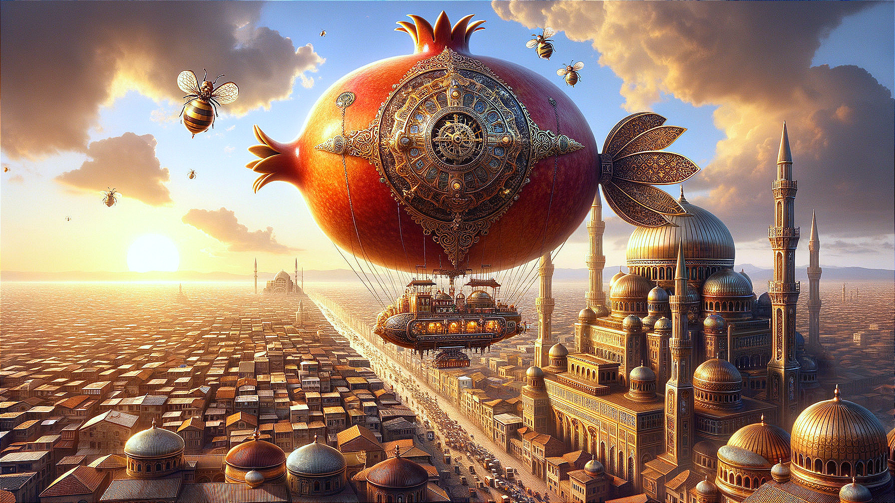 Intricate Pomegranate Airship Over Bustling Cityscape