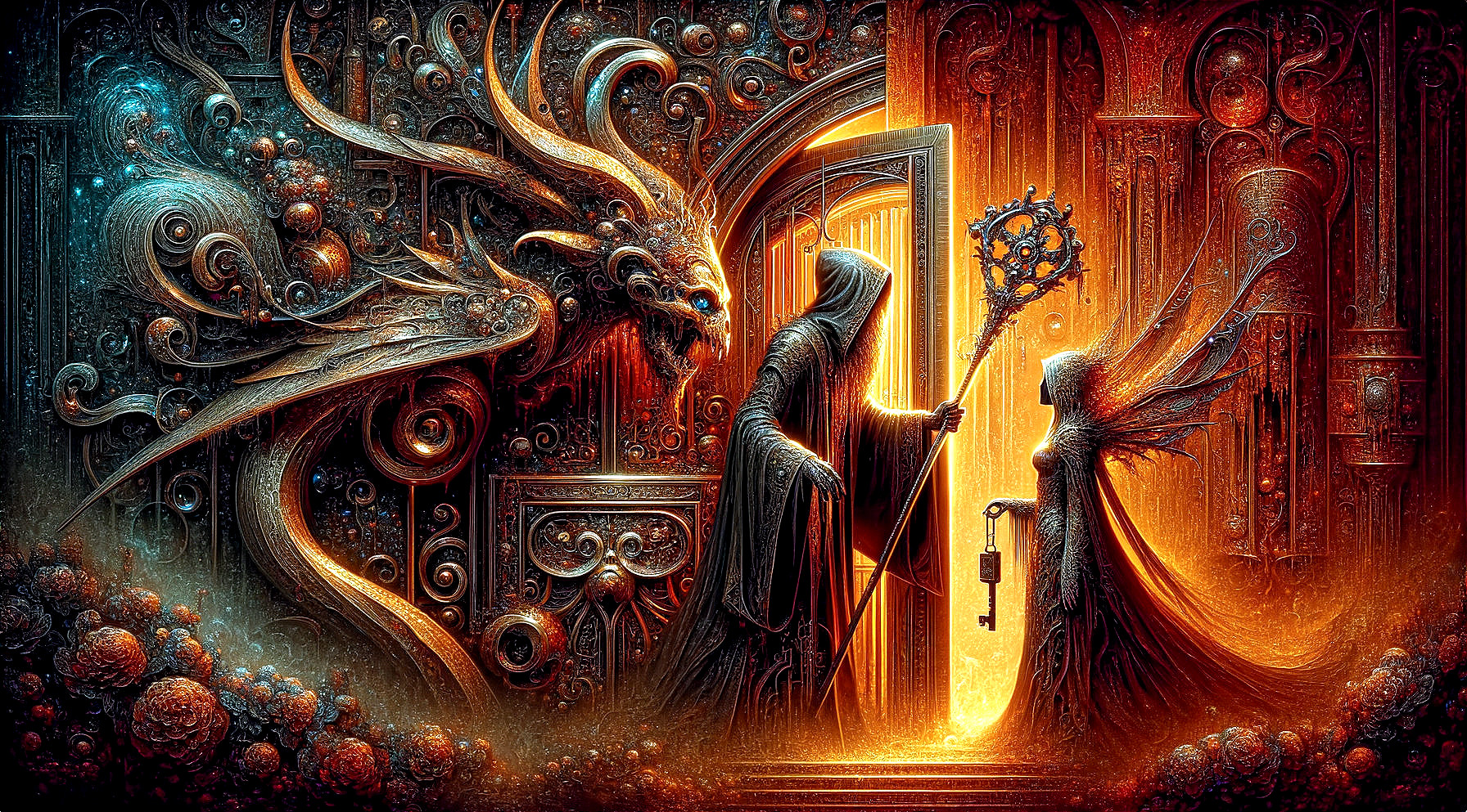 Cloaked Figure and Winged Being Before Ornate Door