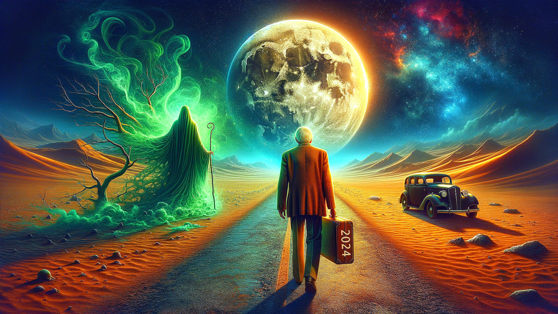 Surreal Desert Scene with Glowing Moon and Cloaked Entity