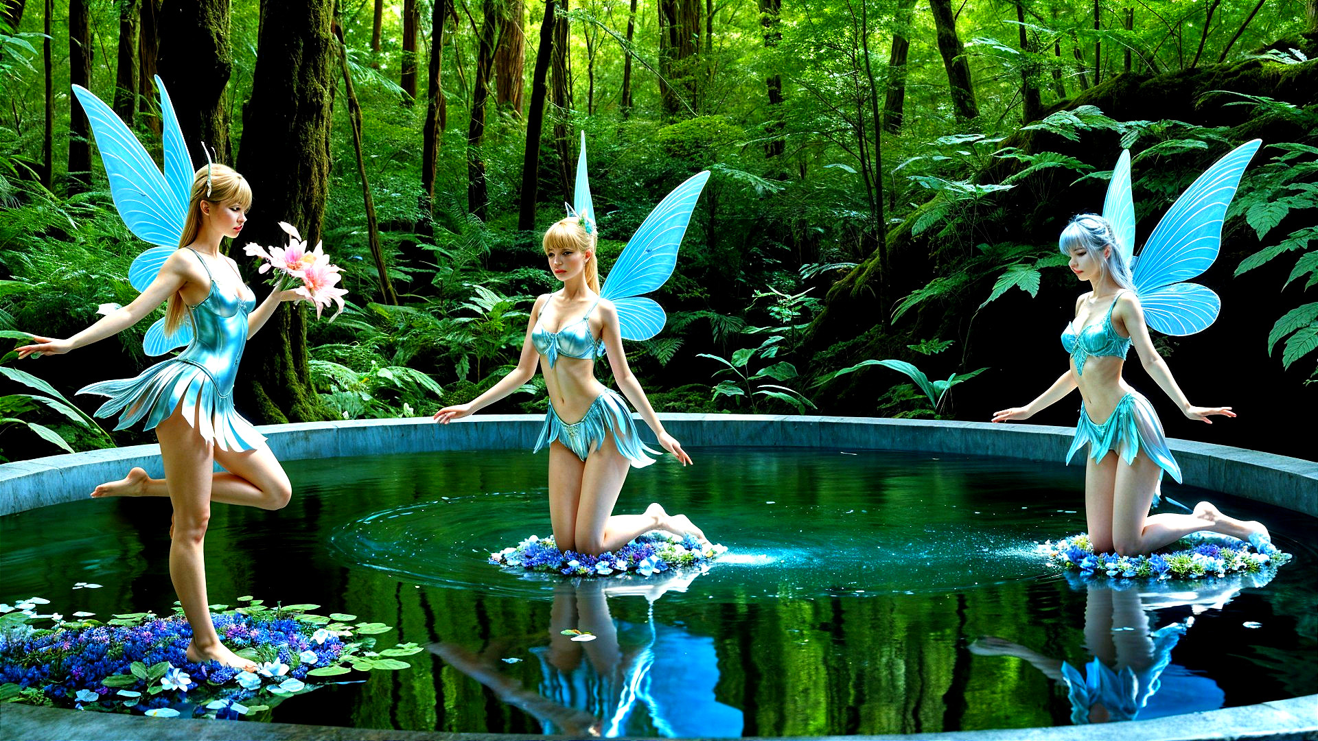 Fairies with Blue Wings by a Tranquil Forest Pond