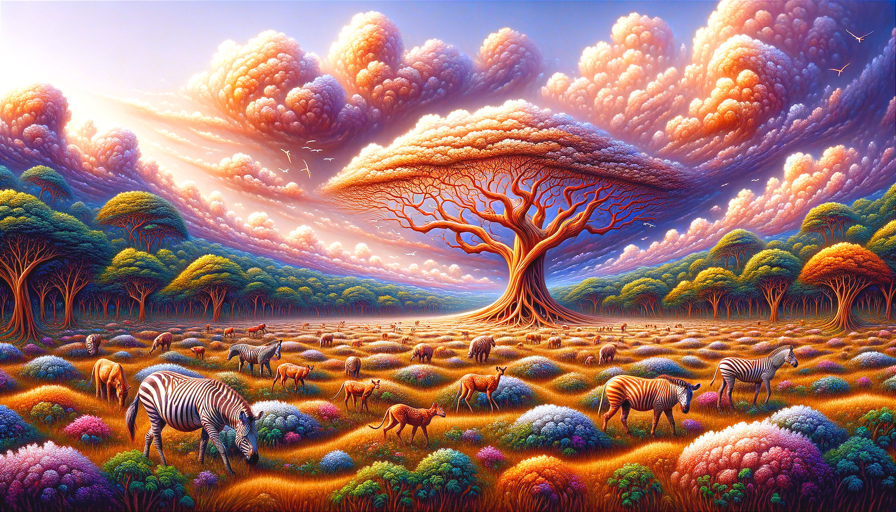 Surreal Landscape with Majestic Tree and Wildlife